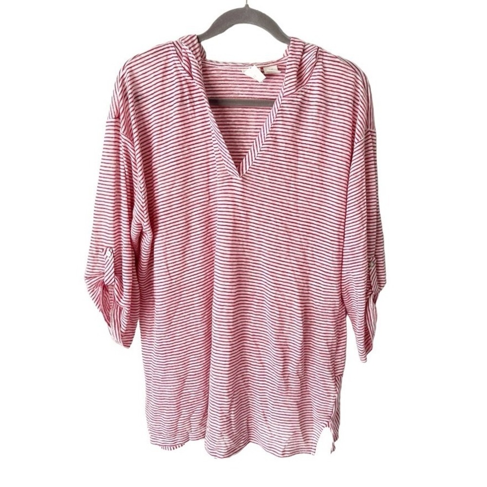 C&C California Red White Striped 100% Linen Hooded V Neck Top Size 1X Coastal